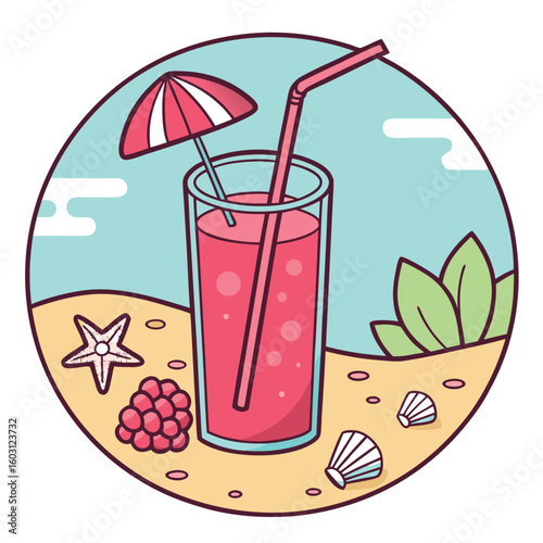 A refreshing pink beverage rests elegantly on the sandy beach with summer elements