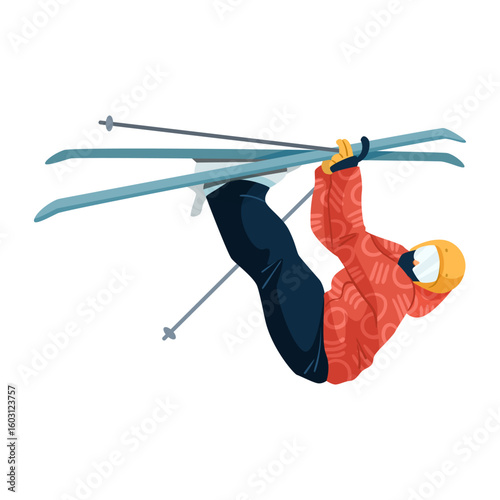 Freestyle skier in vibrant jacket and helmet doing aerial trick, dynamic graphic style, isolated on white background. Concept of winter sport. Vector illustration