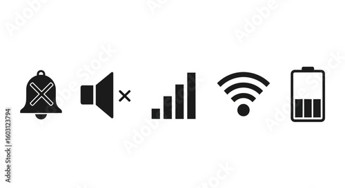 A collection of black and white icons representing notification, sound, signal, wifi, and battery status