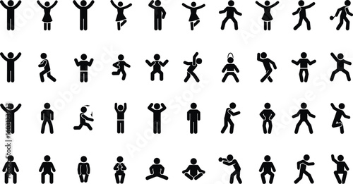 Silhouette human figures, dancing poses, yoga poses, workout icons, happy people, exercise symbols, stickman movement, lifestyle pictograms, fitness actions, activity illustrations, motion gestures