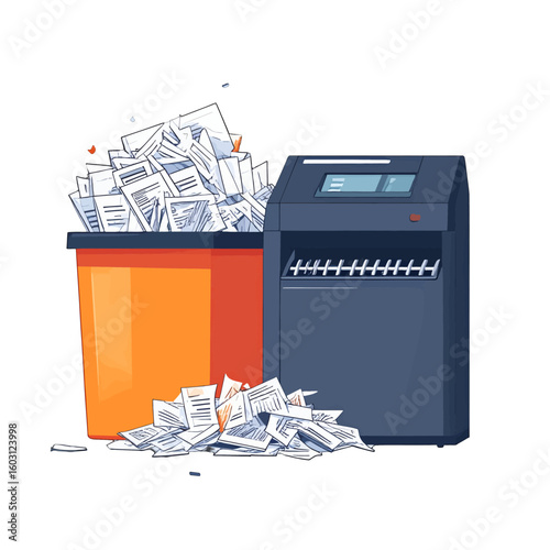 Shredded Paper In Recycling Bin And Paper Shredder