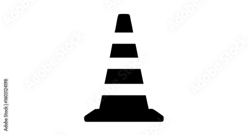 A black and white traffic cone on the street, minimalist.