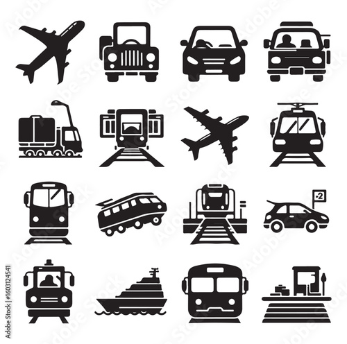 Air Auto Railway Transport Silhouette Icon Set. Stop Station Sign for Public Transport Glyph Pictogram. Car, Bus, Tram, Train, Metro, Plane, Ship Icon in Front vector graphics
