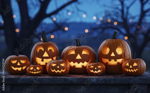 Spooky Halloween Pumpkins Glowing in the Night with String Lights Background