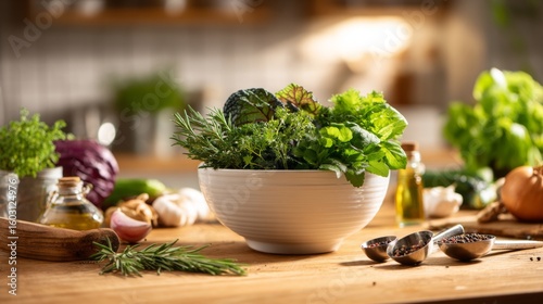 A bowl of fresh herbs and chopped vegetables ready for cooking, surrounded by measuring spoons and ingredients, set on a kitchen counter with warm lighting