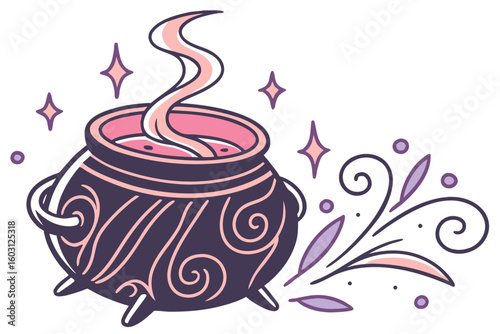 Witch’s cauldron with glowing magical potion floating above a white background, detailed and vibrant in modern flat illustration style.