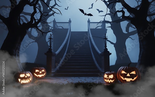 Spooky Halloween Night Jack o Lanterns Bats and a Mysterious Stairway to the Unknown
