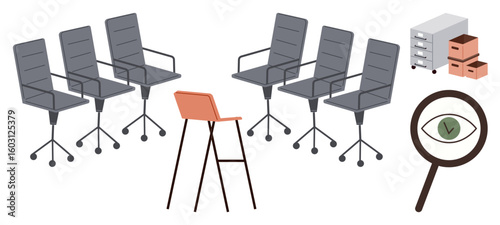 Gray office chairs, orange stool, filing cabinets, and magnifying glass with an eye promoting inspection, teamwork, leadership, organization, analysis individuality diversity. Flat simple metaphor