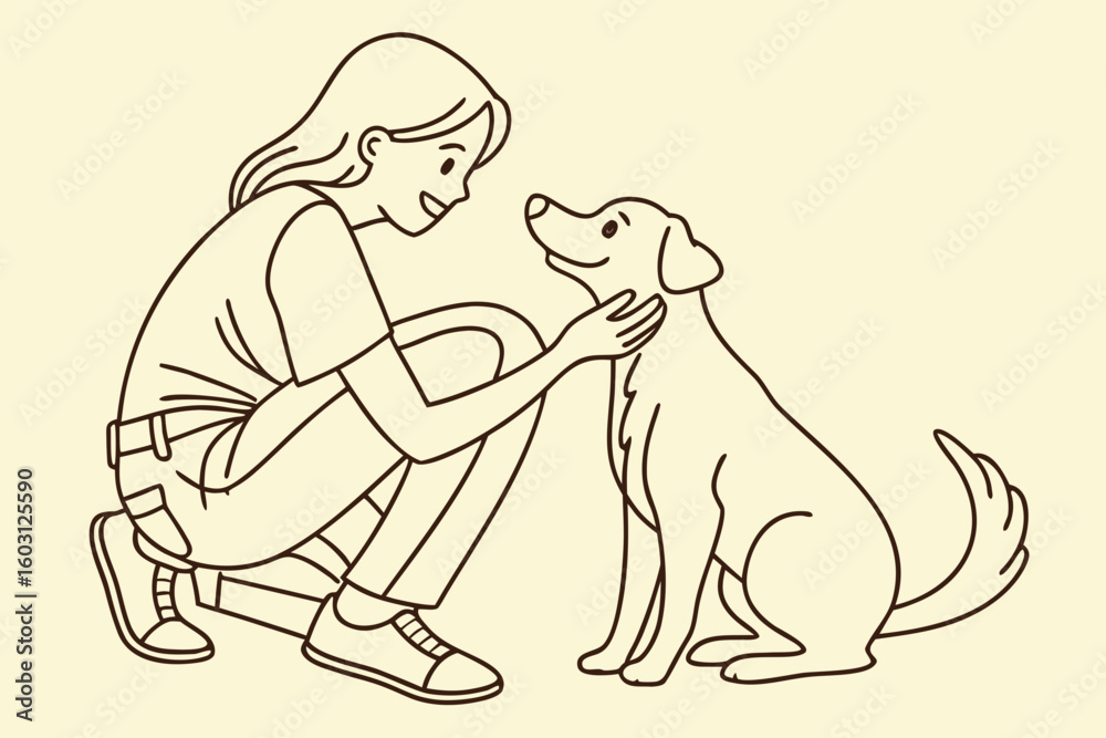 Obraz premium Girl and her dog shown in one-line drawing, capturing warmth and pet companionship in a minimalist outline, modern flat illustration style
