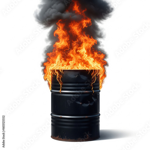 A burning oil barrel isolated on white