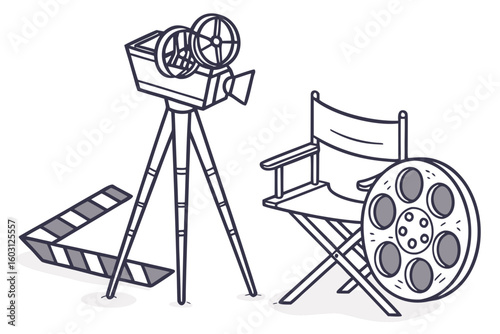 Film set essentials including director’s chair, camera, and reel in hand-drawn sketch style, perfect for cinematic themes, modern flat illustration style.