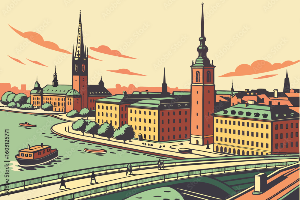Wide panorama of Stockholm showing its waterways, bridges, and historical buildings under summer sunlight, modern flat illustration style.