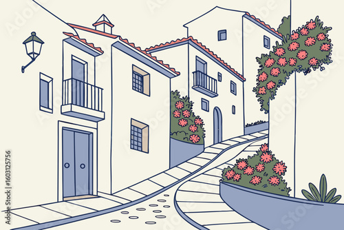 Whitewashed houses stacked on hillsides in Mijas, Spain with narrow streets and blooming plants, modern flat illustration style.