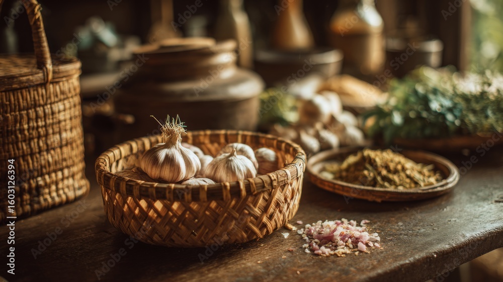Fototapeta premium A charming scene of a traditional Thai kitchen with a basket full of fresh , alongside other ingredients like garlic and herbs, emphasizing an authentic cooking environment.