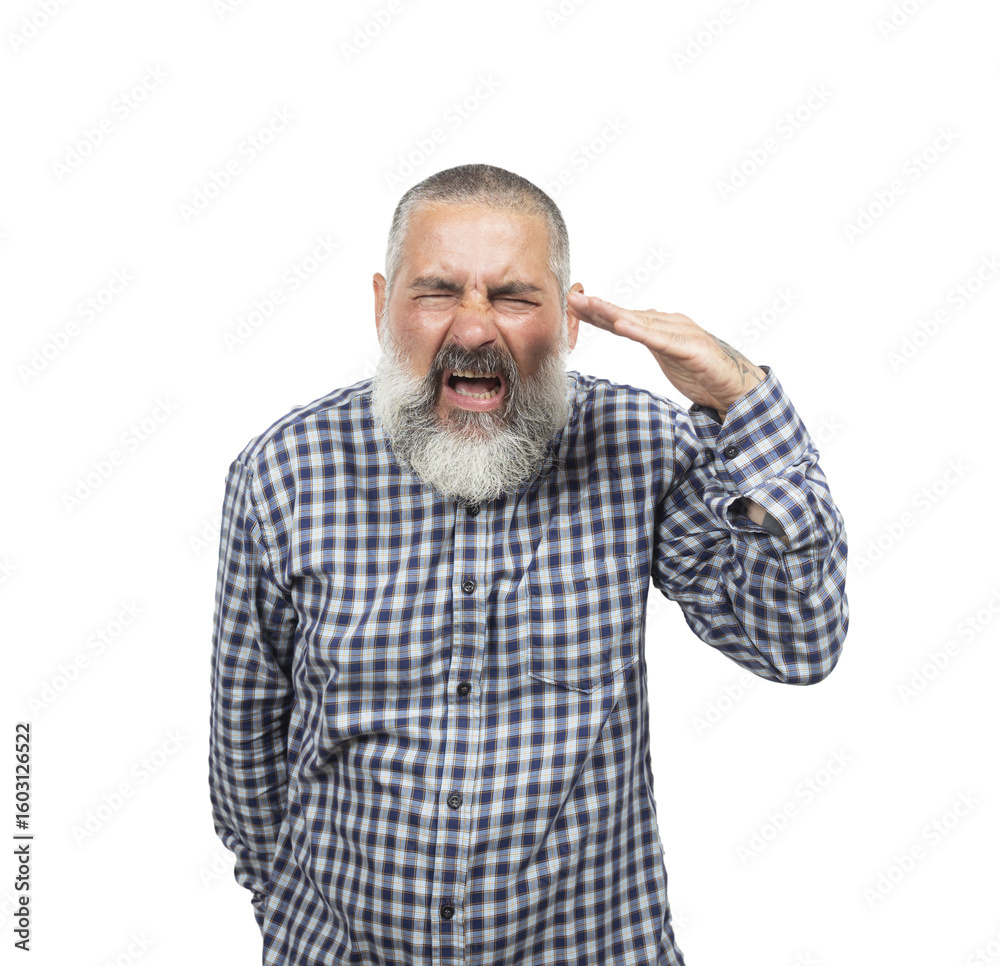 Obraz premium Mature man with beard and checkered shirt covering ears with hand while shouting loudly, expressing frustration and stress