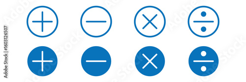 Plus, minus, multiply, divide and equal sign icon design set. Addition, subtraction, multiplication, division, equal sign, icon symbol. Mathematical symbol icon. Mathematics shapes. plus and minus 