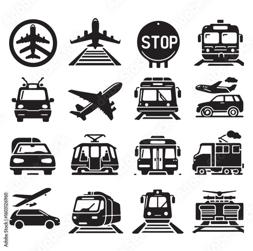 Air Auto Railway Transport Silhouette Icon Set. Stop Station Sign for Public Transport Glyph Pictogram. Car, Bus, Tram, Train, Metro, Plane, Ship Icon in Front vector graphics