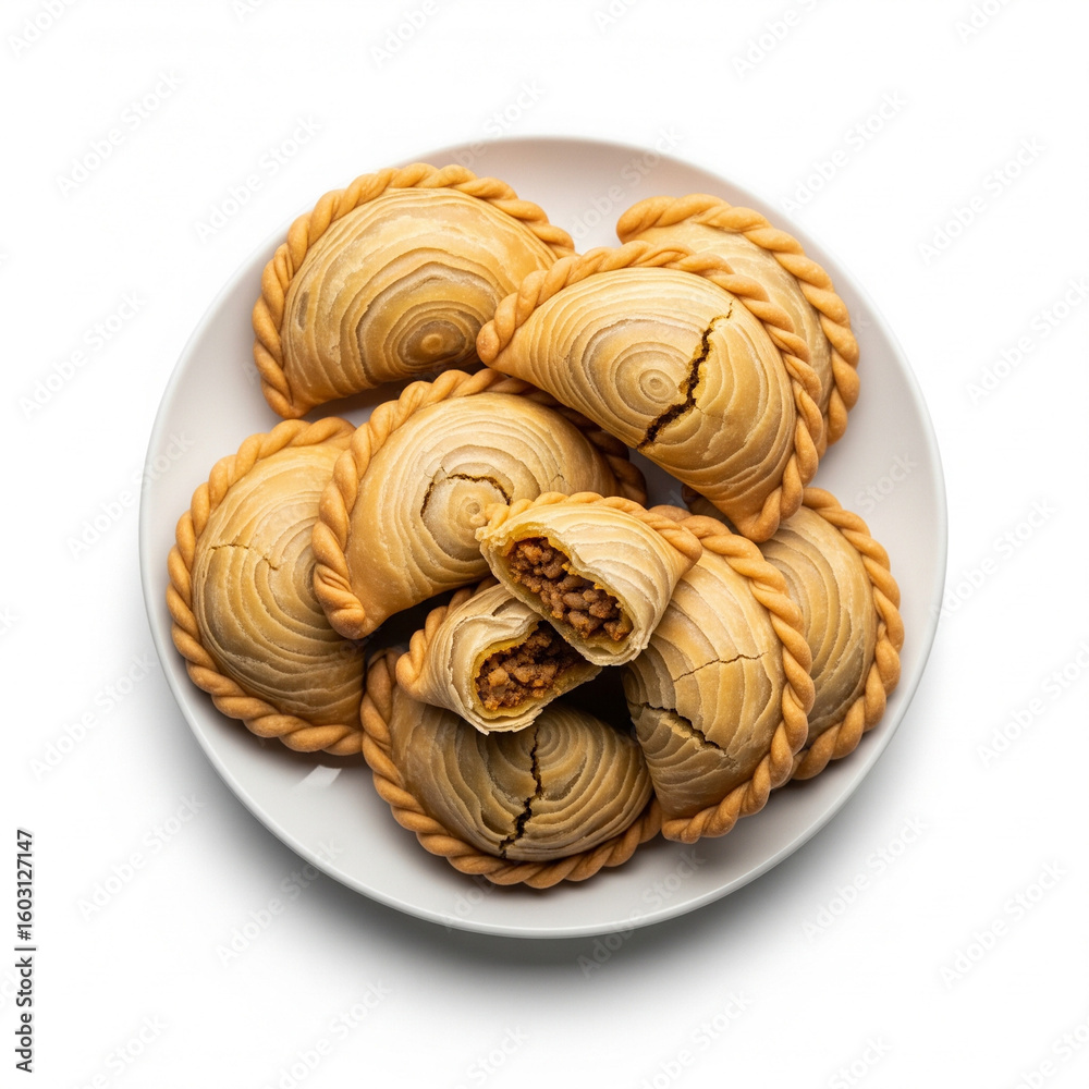 Fototapeta premium A plate of curry pastries isolated on white