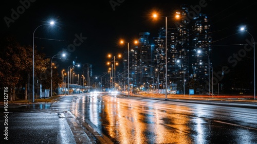 A city intersection illuminated by tall streetlights, with reflections of the lights on the empty streets during a calm, late-night scene.