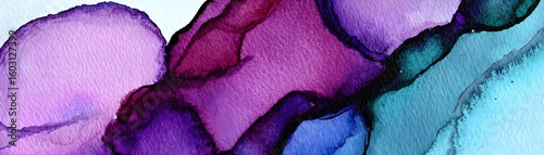 Abstract watercolor paint swirls in shades of purple, blue, and teal.