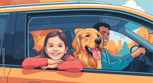 Adobe Illustrator artwork flat style illustration of a girl and a golden retriever pet dog looking out of a car window, with the father driving. Ideal for family travel and pet-friendly journeys