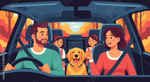 Adobe Illustrator artwork flat style illustration of a happy family with their golden retriever pet dog inside a car. Ideal for themes of travel, road trips, and family adventures with pets