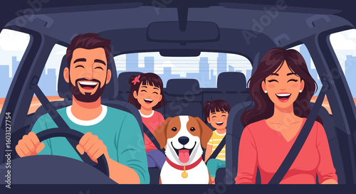 Adobe Illustrator artwork flat style illustration of a happy family with their golden retriever pet dog inside a car. Ideal for themes of travel, road trips, and family adventures with pets