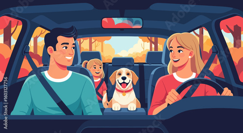 Adobe Illustrator artwork flat style illustration of a happy family with their golden retriever pet dog inside a car. Ideal for themes of travel, road trips, and family adventures with pets