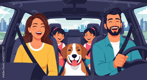 Adobe Illustrator artwork flat style illustration of a happy family with their golden retriever pet dog inside a car. Ideal for themes of travel, road trips, and family adventures with pets