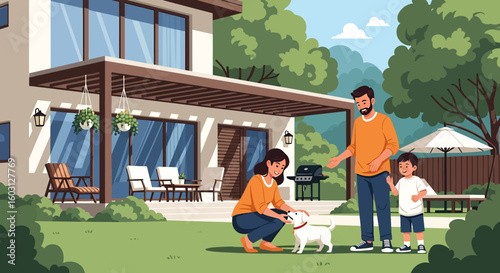 Adobe Illustrator artwork flat style illustration of a happy family with a pet dog outside their modern house. Ideal for themes of home, family bonding, and suburban living with animals