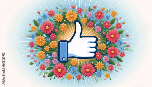 A like button at the center of a lush wreath of mixed flowers, Ai generated image
