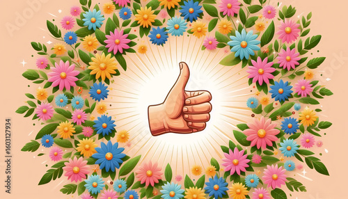 A like button at the center of a lush wreath of mixed flowers, Ai generated image