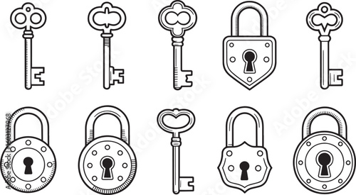 Collection of Outline Keys and Padlocks on Transparent Background for Security Concepts