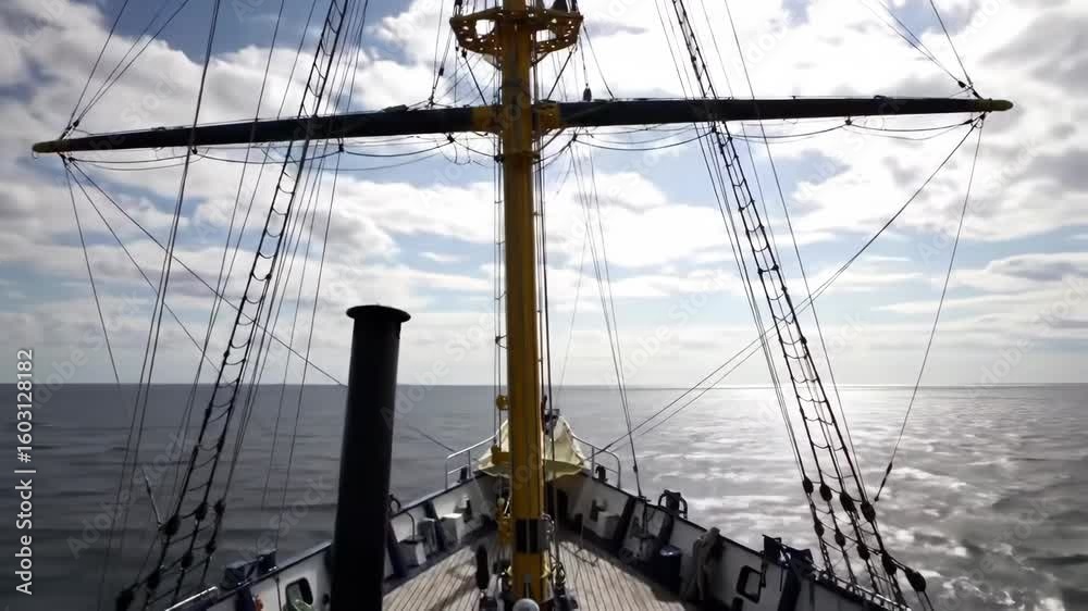 Sailing ship's bow cutting through serene ocean waters under clouddappled sky Sailing ship's bow cutting through serene ocean waters under clouddappled sky