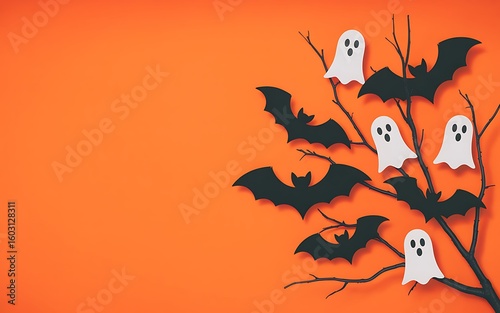Halloween Decoration with Bats and Ghosts on Tree Branches with Orange Background