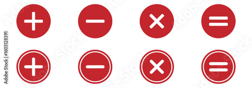 Basic mathematical symbol. Plus, minus, multiply, divide icon set. Plus and minus icons set. Math symbol. Plus icon, Minus icon, Multiply icon, Divide icons. Round plus and minus icons set eps 10