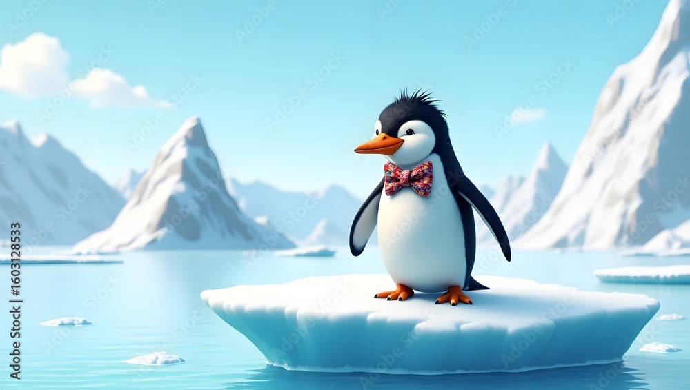 Obraz premium Charming Cartoon Penguin in Bow Tie on Ice Floe, Antarctic Landscape, 3D Render