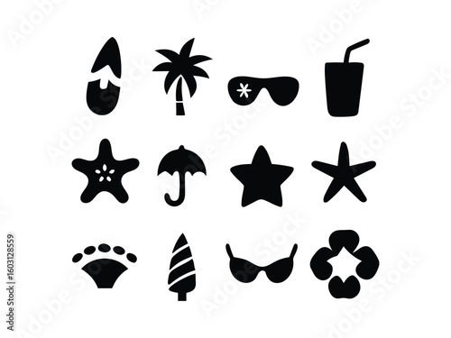 Summer Vacation Icons: Simple Black Silhouette Clipart, Fun Tropical Vibe, Website Design Elements