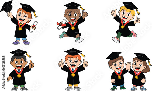 Graduation Day Joy Cartoon Characters in Caps and Gowns on Transparent Background Vector