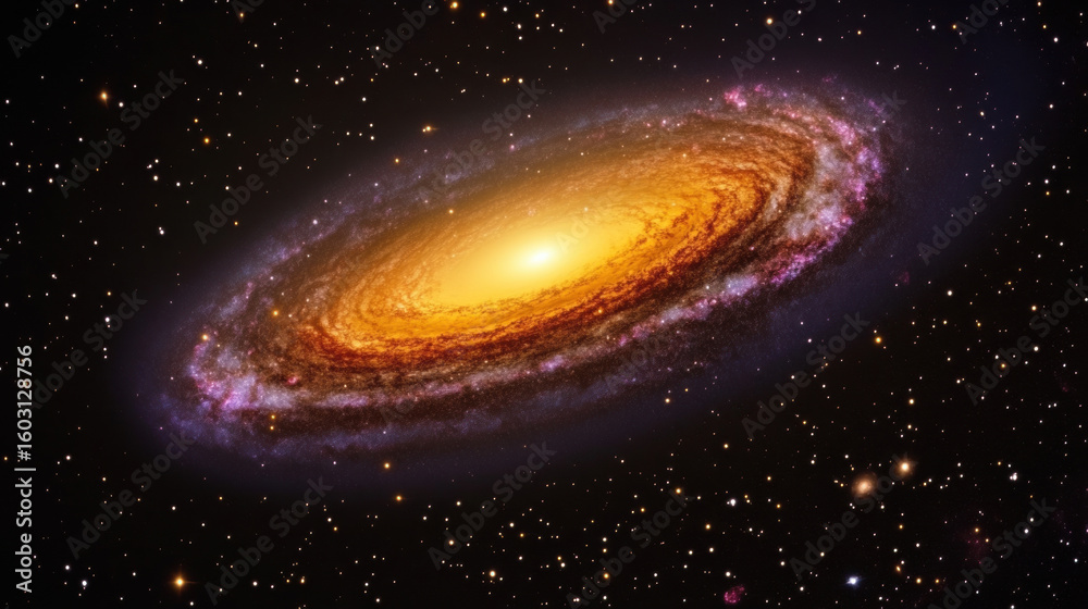 Naklejka premium Glowing spiral galaxy with bright golden core surrounded by vibrant aurora like hues, suspended in vastness of space, showcasing countless stars and cosmic beauty