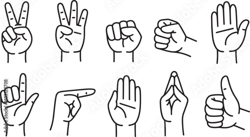 Hand Gesture Outline Collection: Communication, Expression, and Sign Language Set