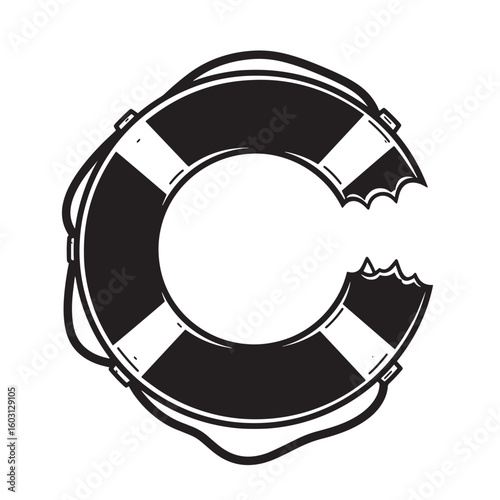 Black and white hand drawn illustration of a damaged life preserver lifebuoy missing section