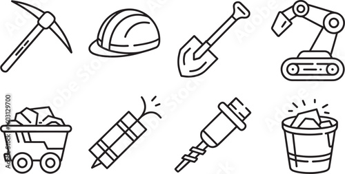 Mining Equipment Outline Vector Set: Industrial Tools for Mineral Extraction and Design