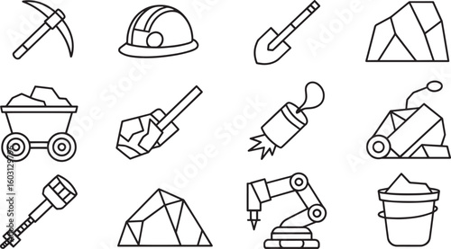Mining Tools Outline Vector Set: Equipment for Mineral Extraction and Industrial Design