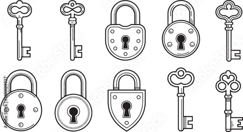 Outline Keys and Locks Vector Set: Antique Security Elements for Design Projects and Decoration
