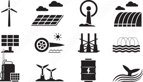 Renewable Energy Sources Icons Set Illustrating Sustainable Power Generation and Eco-Friendly Technologies