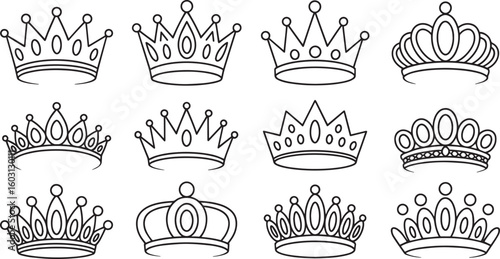 Royal Crown Outline Collection: Elegant Headwear, Regal Symbol, and Monarch Icon Set