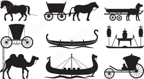 Silhouetted Historical Transport Collection Horse-Drawn Carts Boats Camel Isolated on White