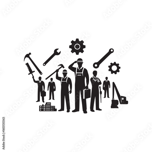 Labour Day Silhouette Vector Illustration, Solid White Background.