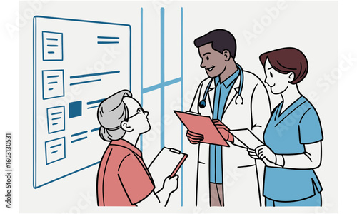 Medical professionals discuss patient chart with elderly woman